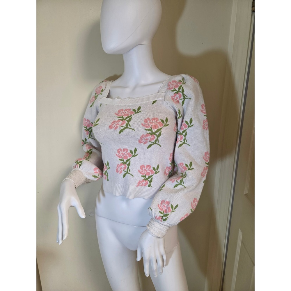 Willow & Wind Women XS Floral Knit Sweater Pink Rose Puff Sleeve Square Neck